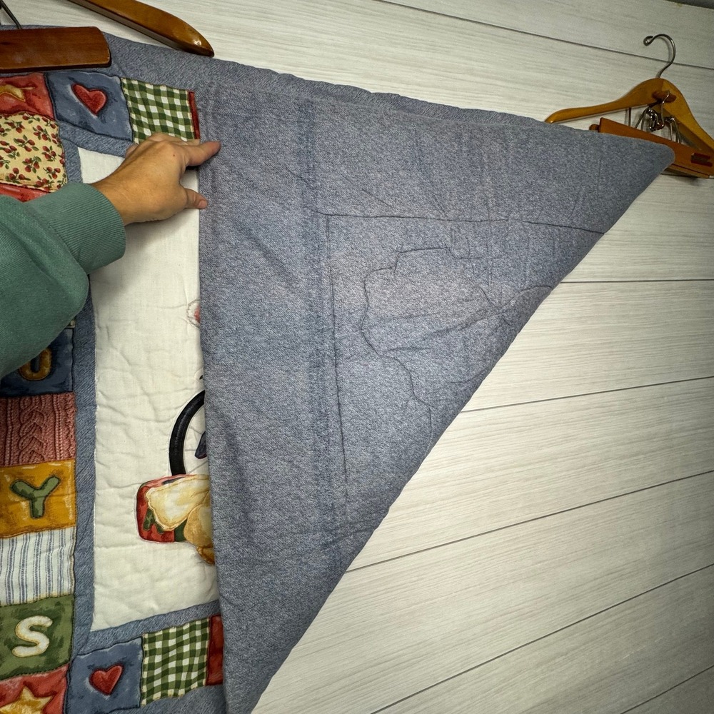 Handmade Quilted Wall Hanging Art Decor Blue Jean Teddy Bear Toys Theme Nursery - Picture 5 of 7